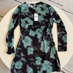 Mango Green and Black Floral Women's Faux Wrap Dress